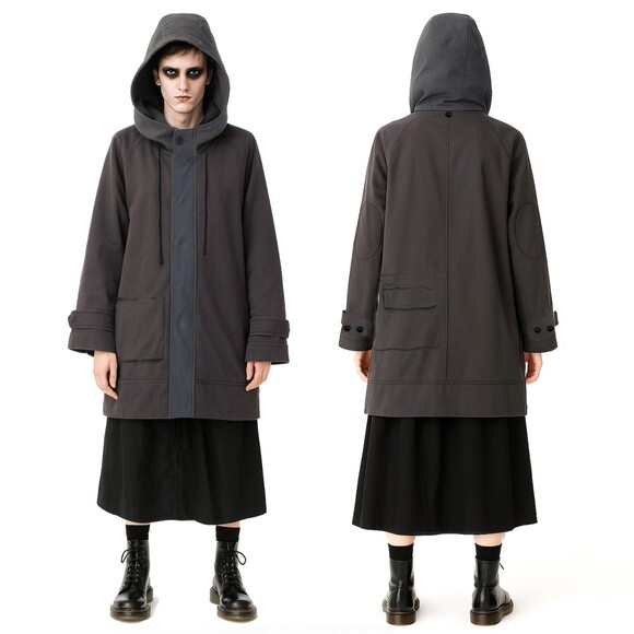 NOM*d Coat Mens Unisex OS Charcoal Gray Hooded Knit Jacket Cotton Avant Garde - Picture 1 of 14